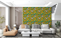 Bright green leaves and stems framing oversized yellow roses wallpaper., GD10401