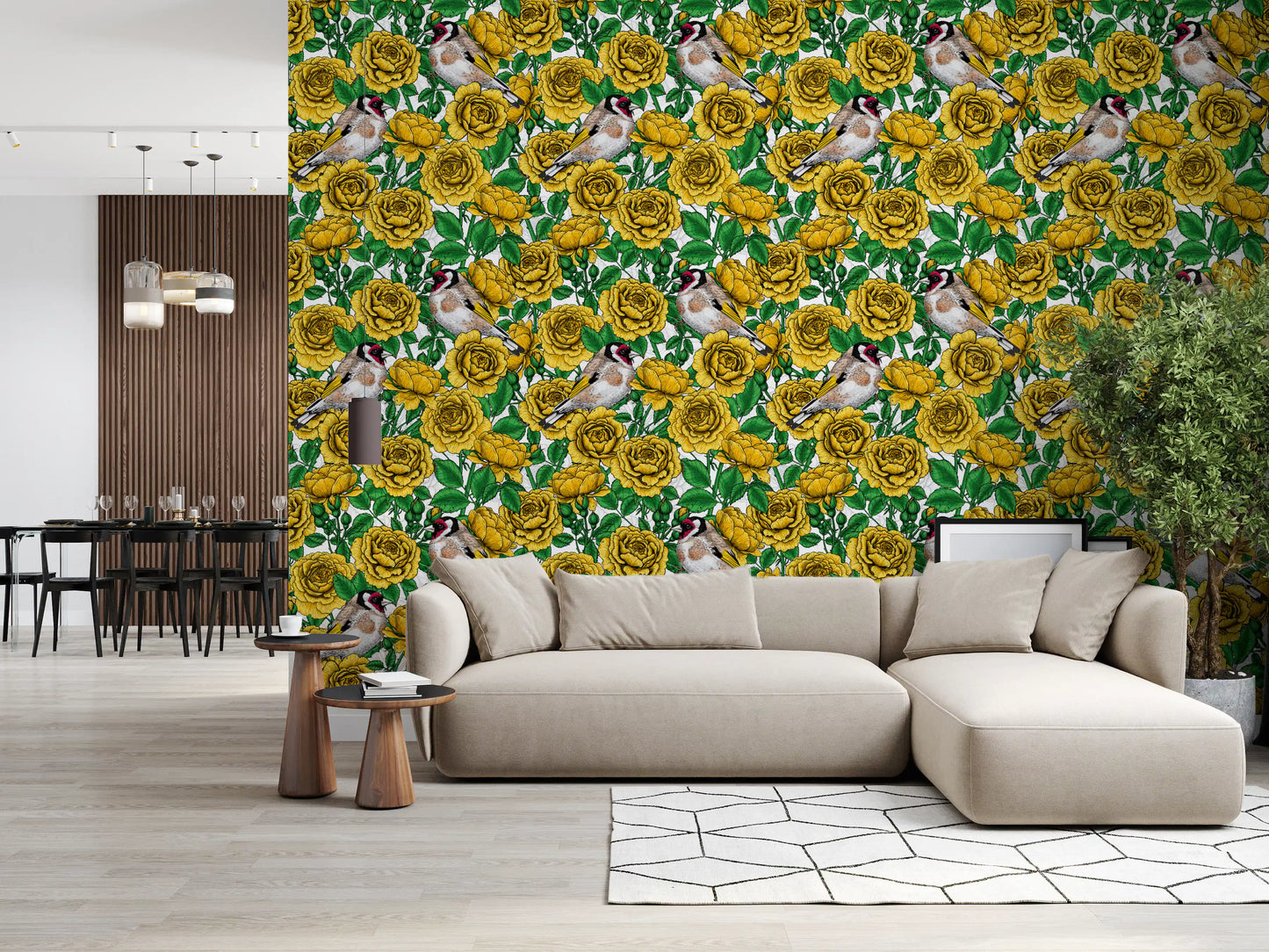 European goldfinch bird wallpaper with red face markings among yellow rose blooms., GD10401