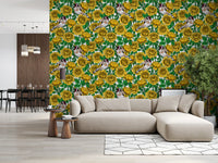 European goldfinch bird wallpaper with red face markings among yellow rose blooms., GD10401