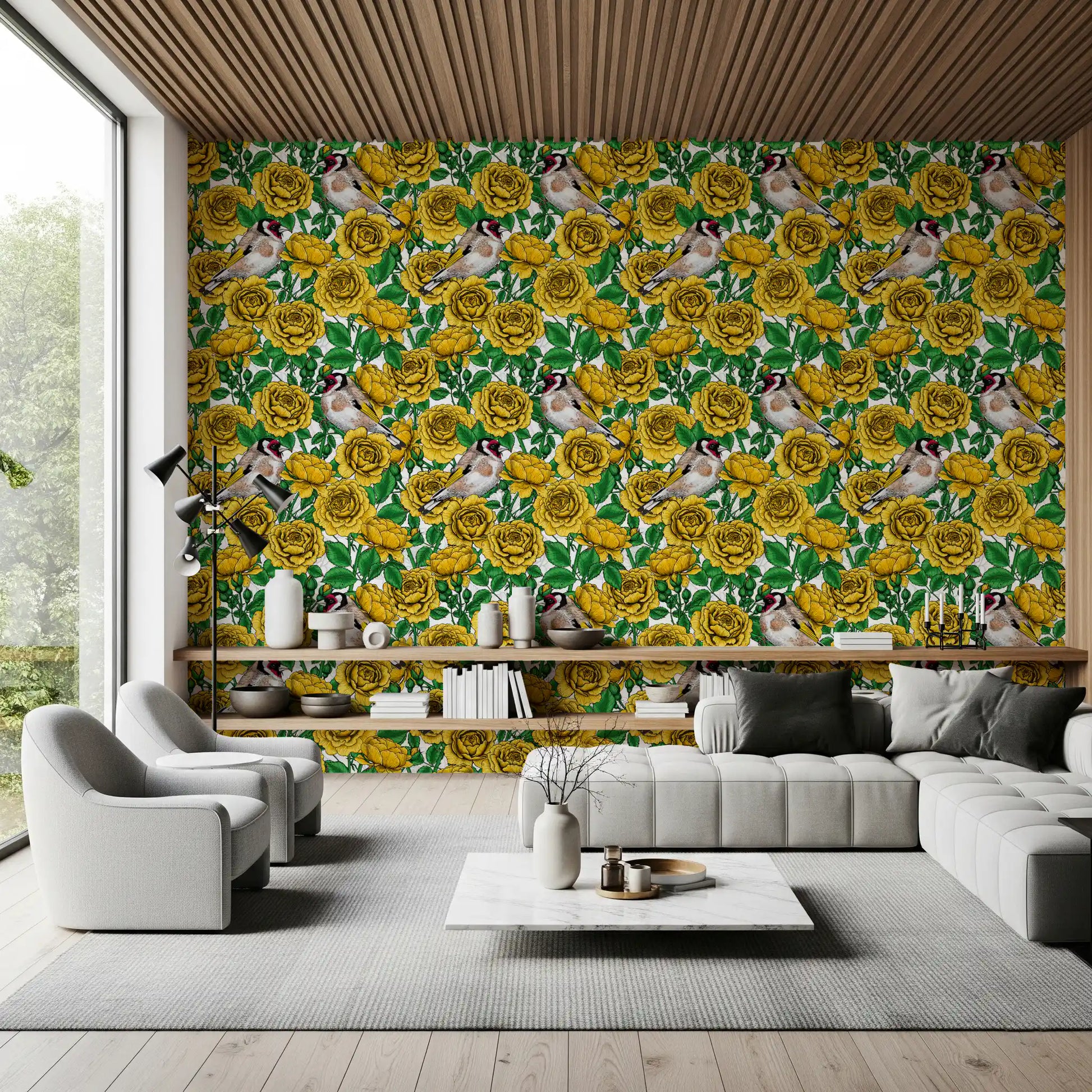 Yellow rose buds and green stems wallpaper with detailed line work on white background., GD10401