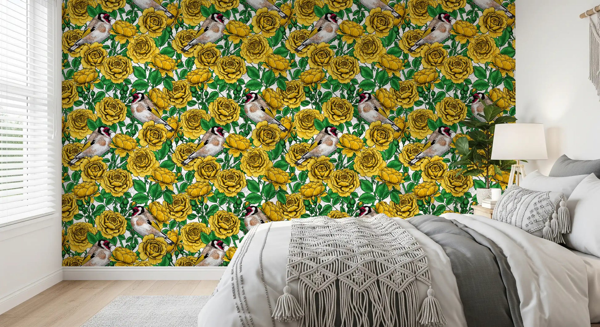 Bedroom wallpaper showing Faintly outlined grey roses behind vivid golden blooms., GD10401