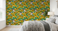 Bedroom wallpaper showing Faintly outlined grey roses behind vivid golden blooms., GD10401
