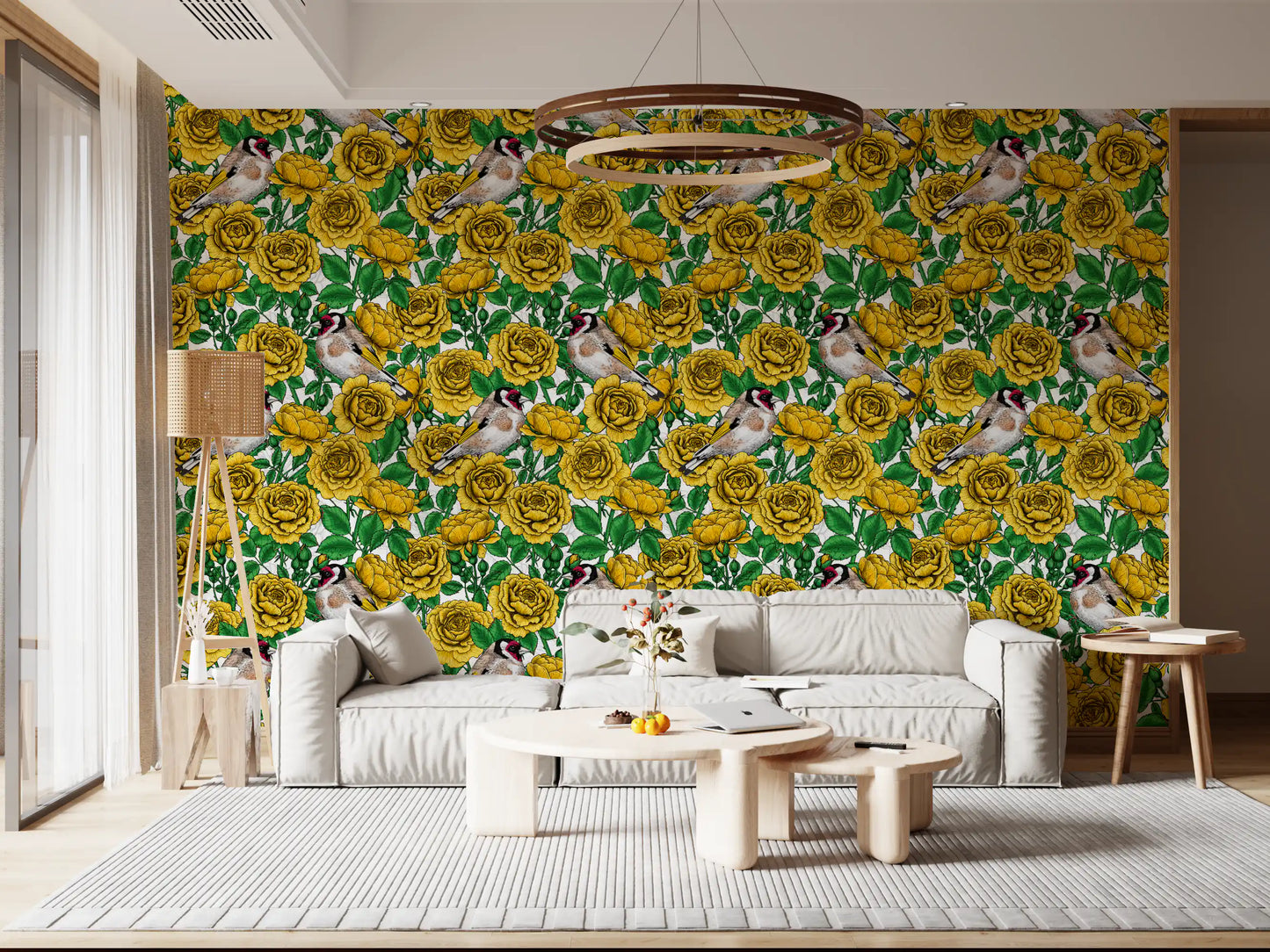 Yellow floral bird wallpaper with green leaves applied in a living room space, GD10401