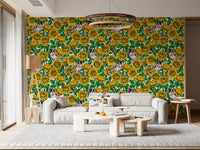 Yellow floral bird wallpaper with green leaves applied in a living room space, GD10401