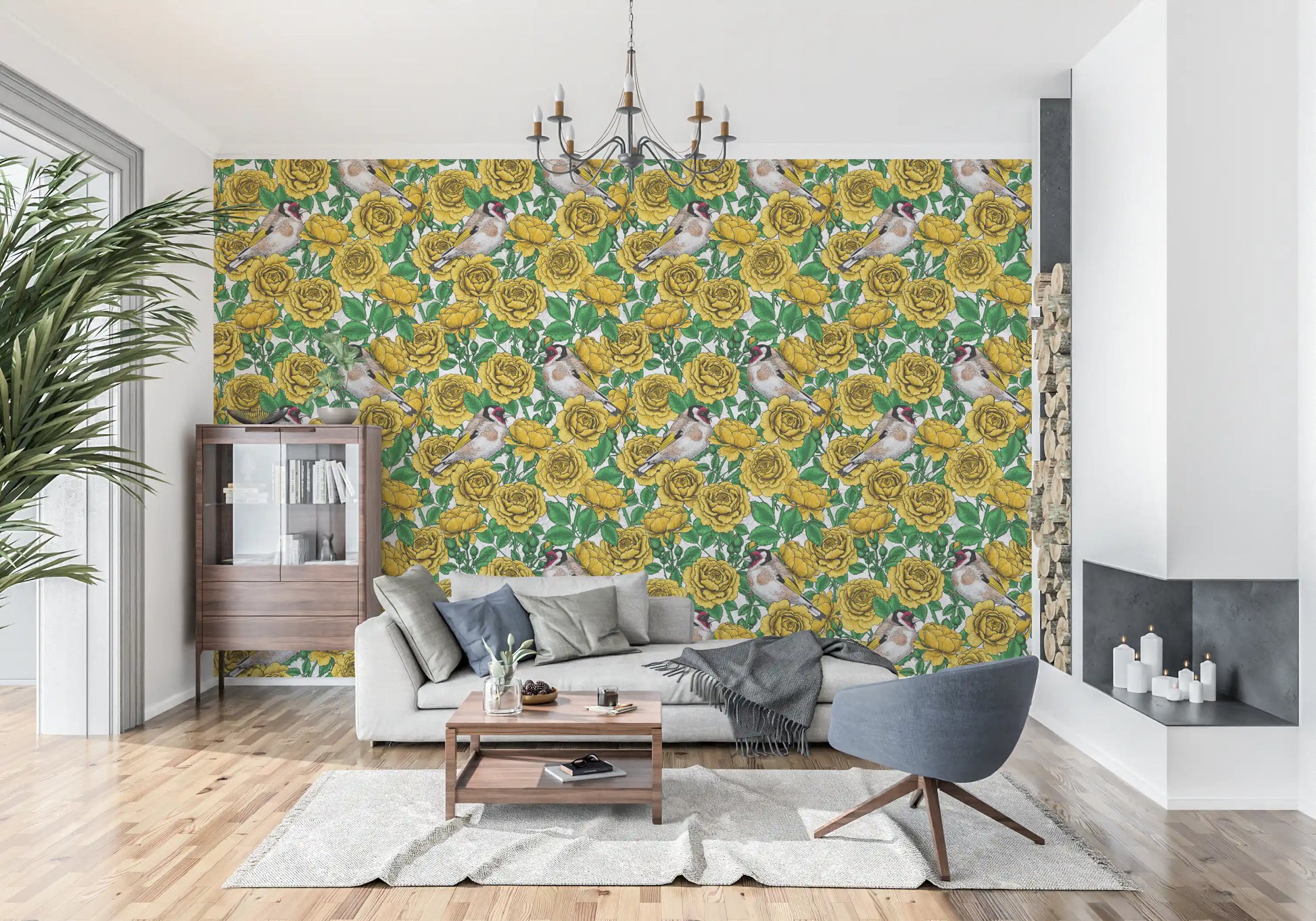 Wallpaper with two goldfinch birds sitting among layered yellow rose petals and foliage., GD10401
