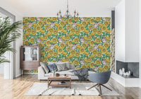Wallpaper with two goldfinch birds sitting among layered yellow rose petals and foliage., GD10401