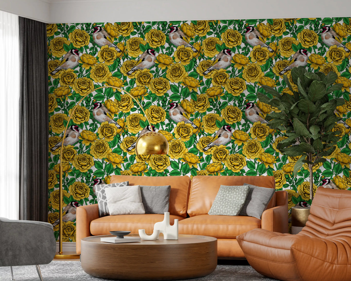 Warm golden rose pattern wallpaper with lush green botanical leaves., GD10401