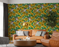 Warm golden rose pattern wallpaper with lush green botanical leaves., GD10401