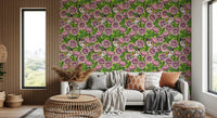 Soft pink roses wallpaper with detailed petal work on bright lime green background., GD10402