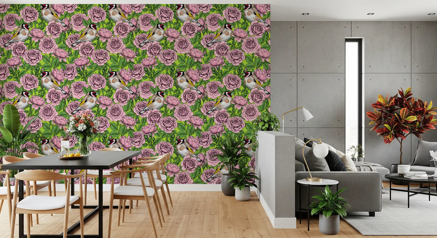 Repeating pink rose and goldfinch bird pattern on lime green botanical wallpaper., GD10402