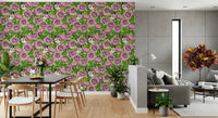 Repeating pink rose and goldfinch bird pattern on lime green botanical wallpaper., GD10402