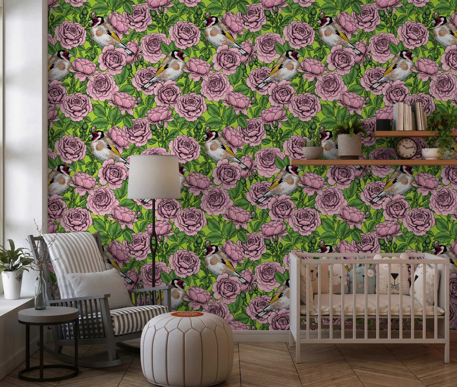 Large blush pink rose bloom wallpaper with detailed petals in nursery., GD10402