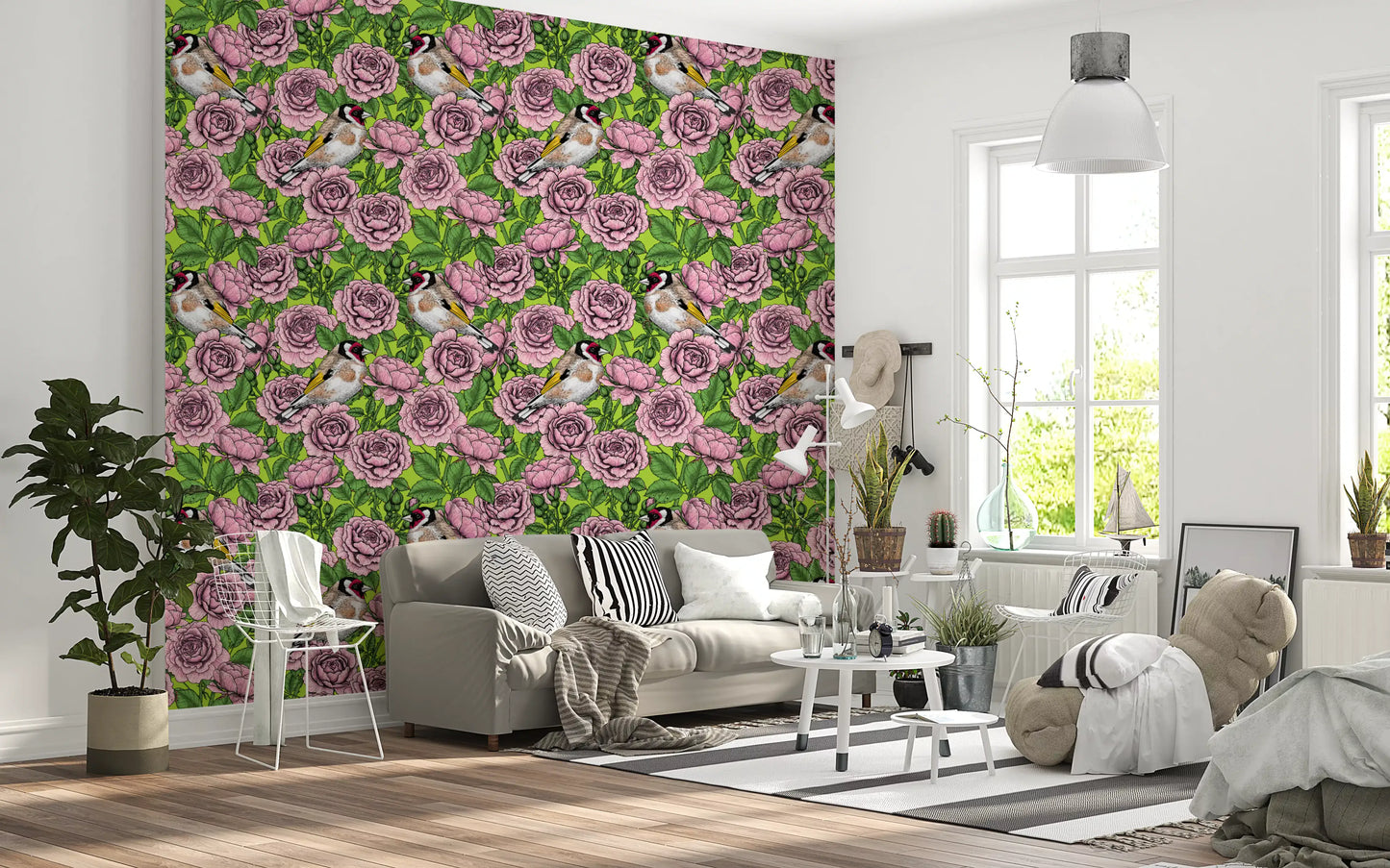 Dark green leaves and unopened buds between blush pink roses on green wallpaper., GD10402