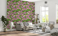 Dark green leaves and unopened buds between blush pink roses on green wallpaper., GD10402