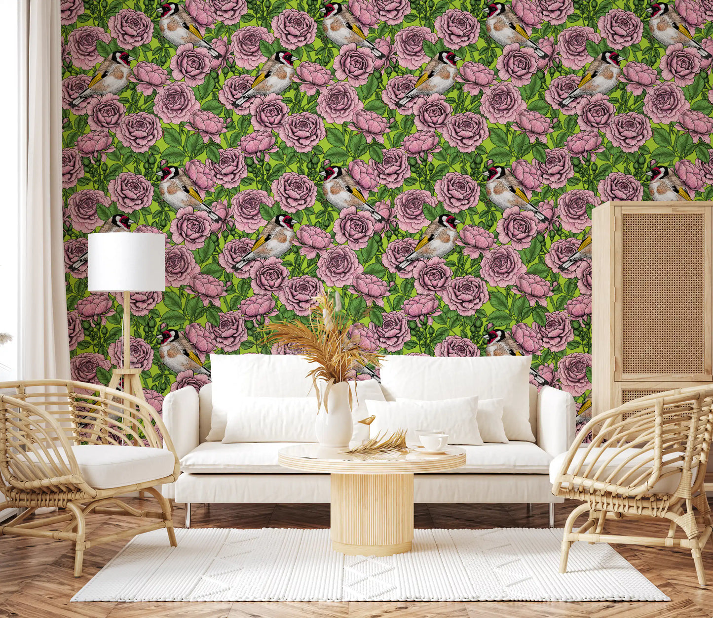 Layered dusty pink roses wallpaper with fine line work and vivid green foliage pattern., GD10402