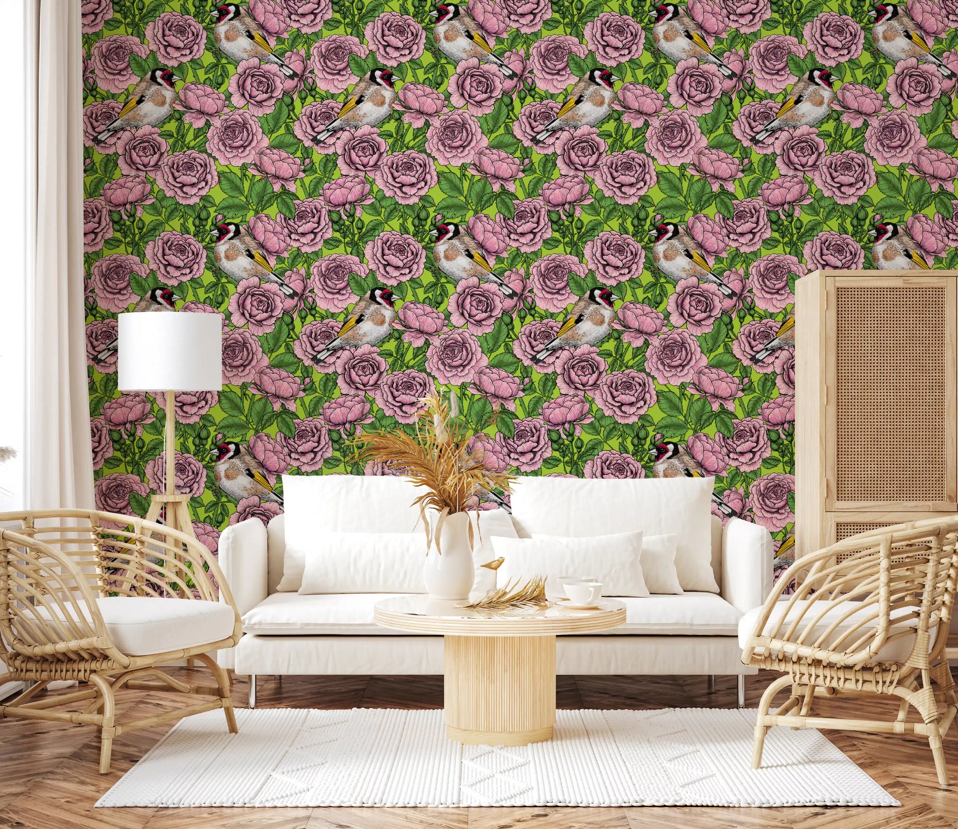 Layered dusty pink roses wallpaper with fine line work and vivid green foliage pattern., GD10402