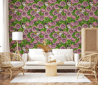 Layered dusty pink roses wallpaper with fine line work and vivid green foliage pattern., GD10402