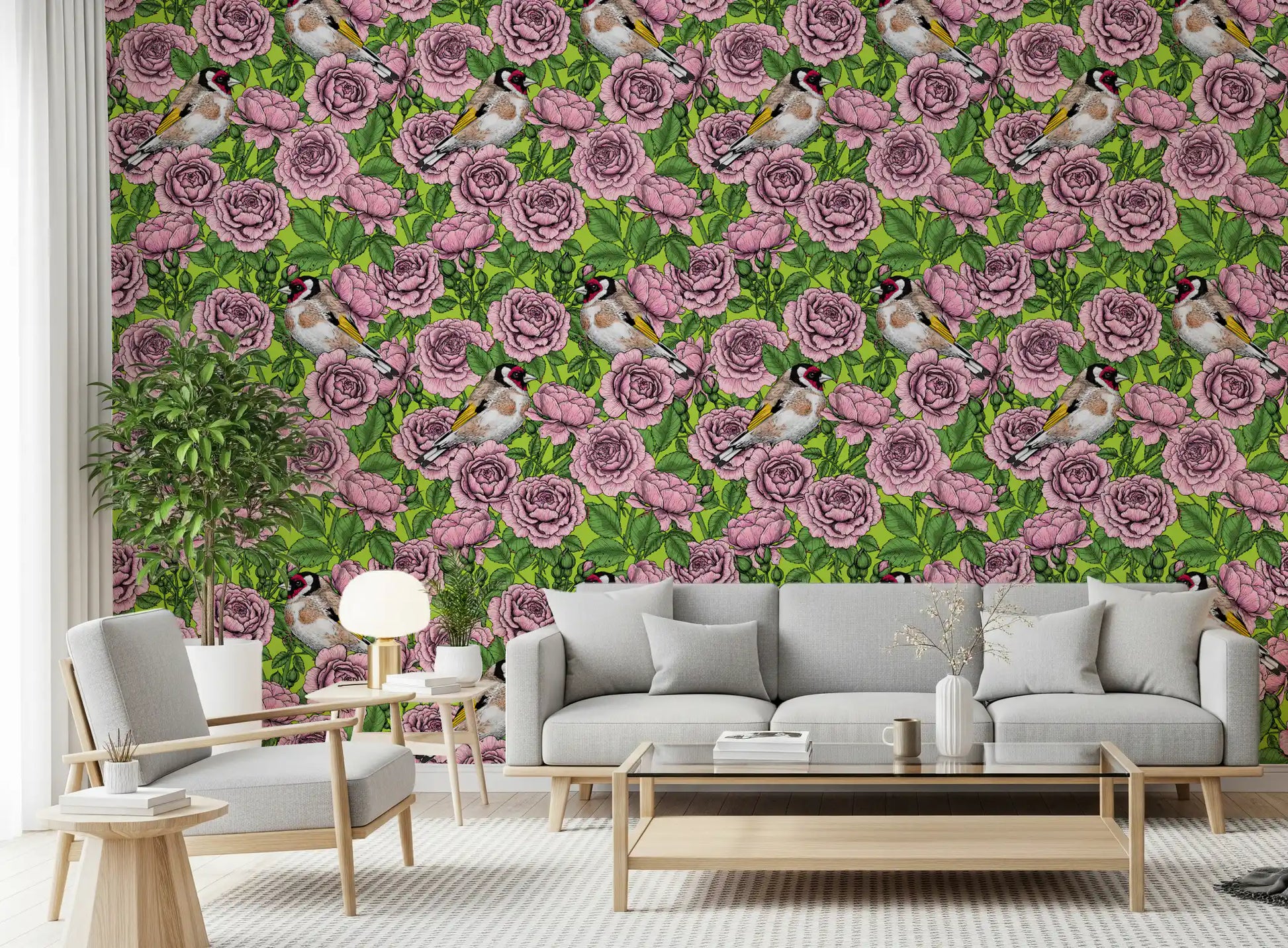 Two illustrated goldfinches wallpaper with yellow wing bars in dense floral arrangement., GD10402