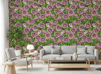 Two illustrated goldfinches wallpaper with yellow wing bars in dense floral arrangement., GD10402