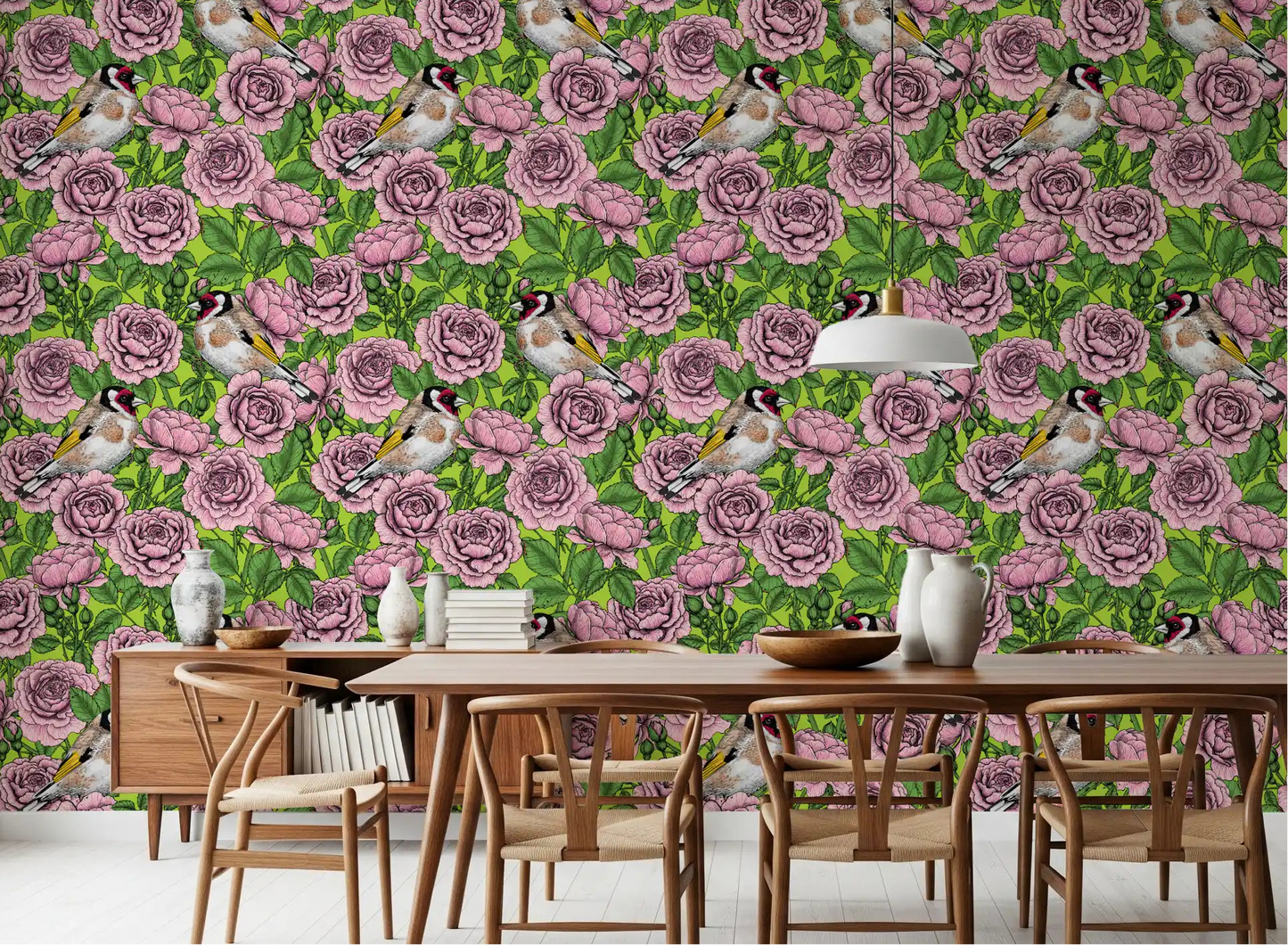Pink and green floral bird wallpaper applied in a dining room space., GD10402