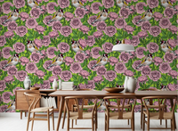 Pink and green floral bird wallpaper applied in a dining room space., GD10402