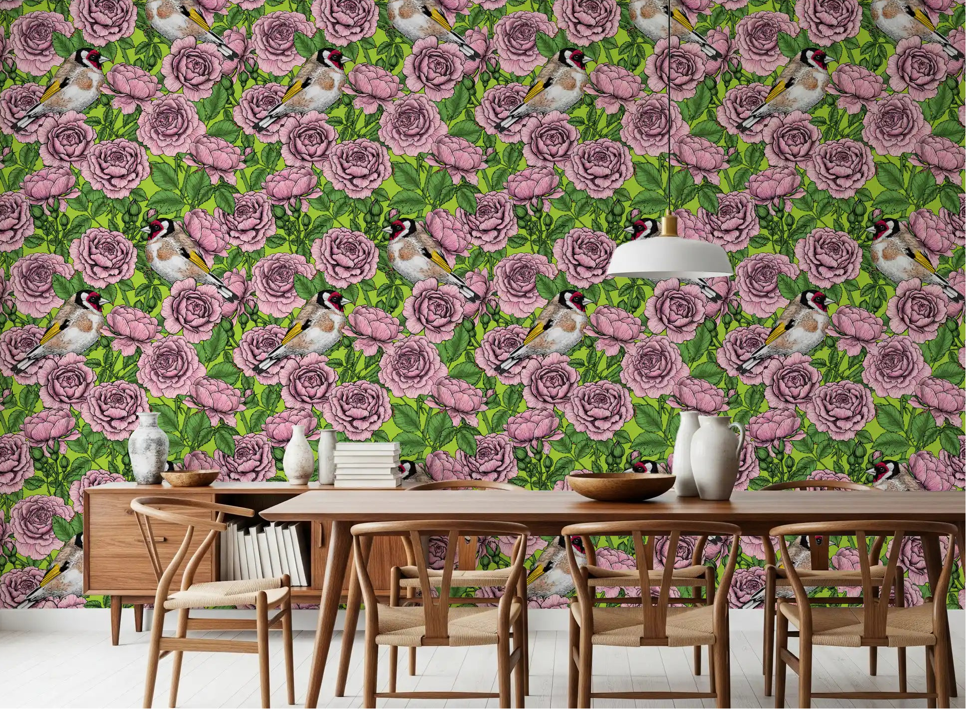 Pink and green floral bird wallpaper applied in a dining room space., GD10402