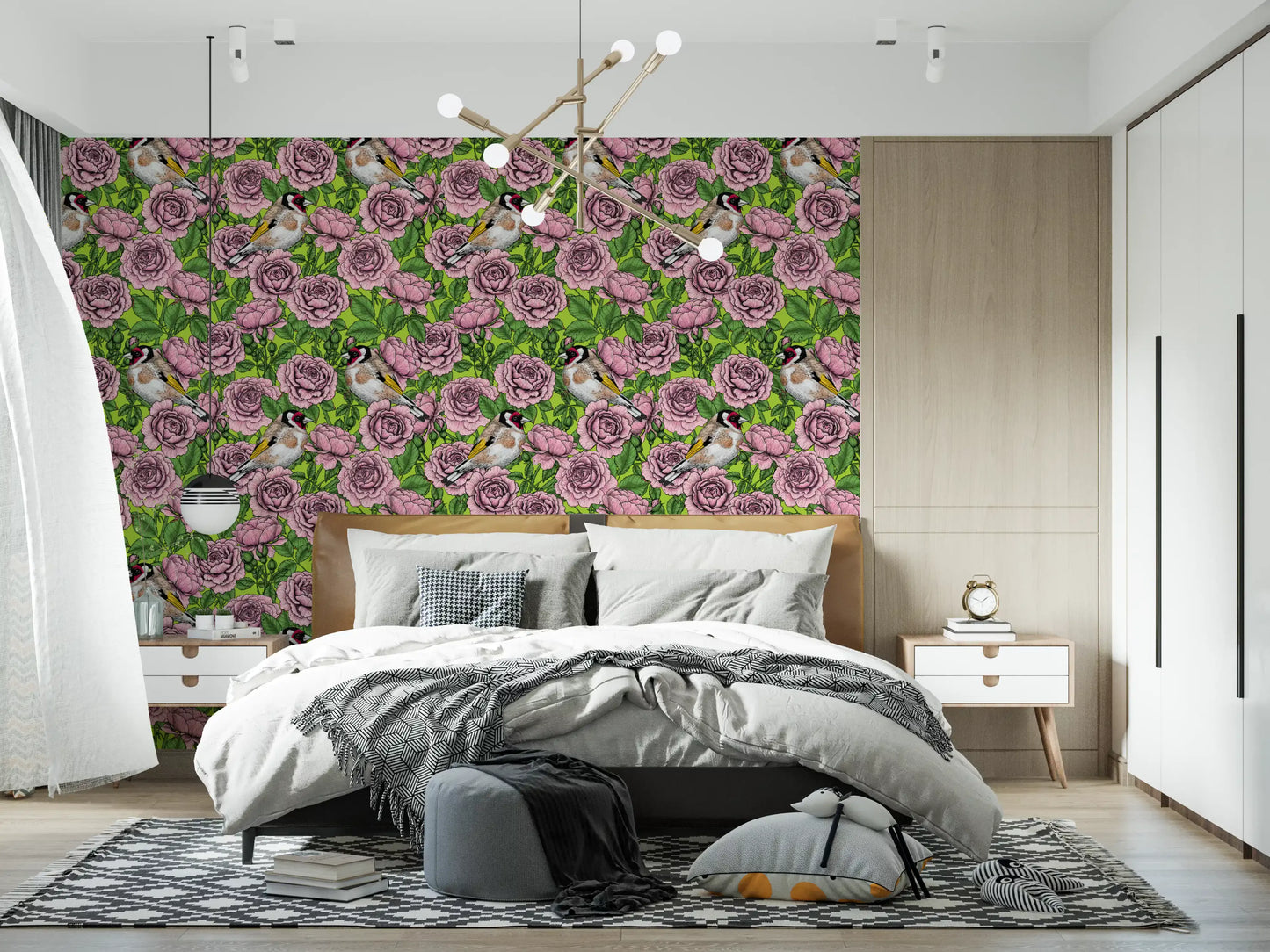 Goldfinch and rose garden wallpaper displayed in a bedroom setting., GD10402