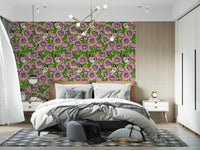 Goldfinch and rose garden wallpaper displayed in a bedroom setting., GD10402