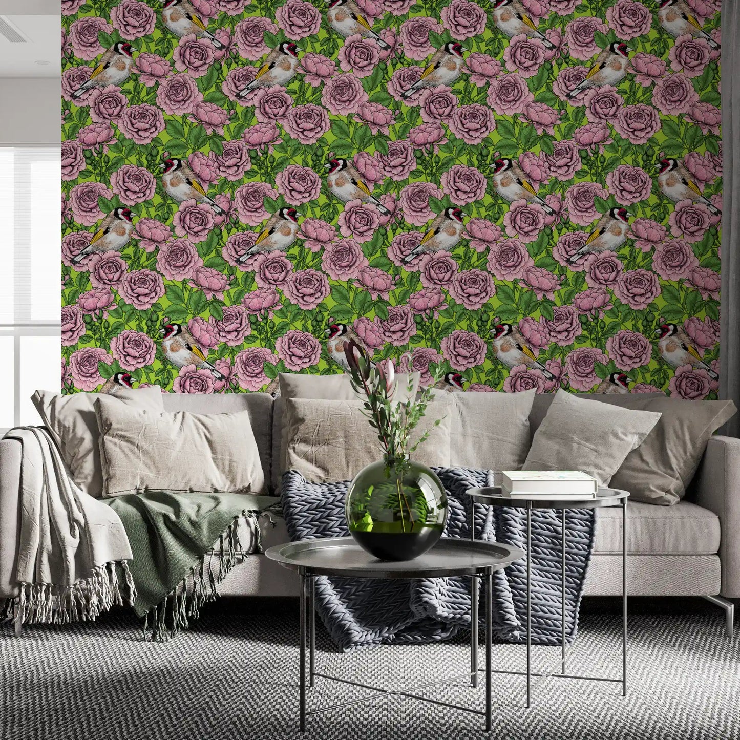 Goldfinch wallpaper with brown and white plumage nestled among pink flowers and green leaves., GD10402