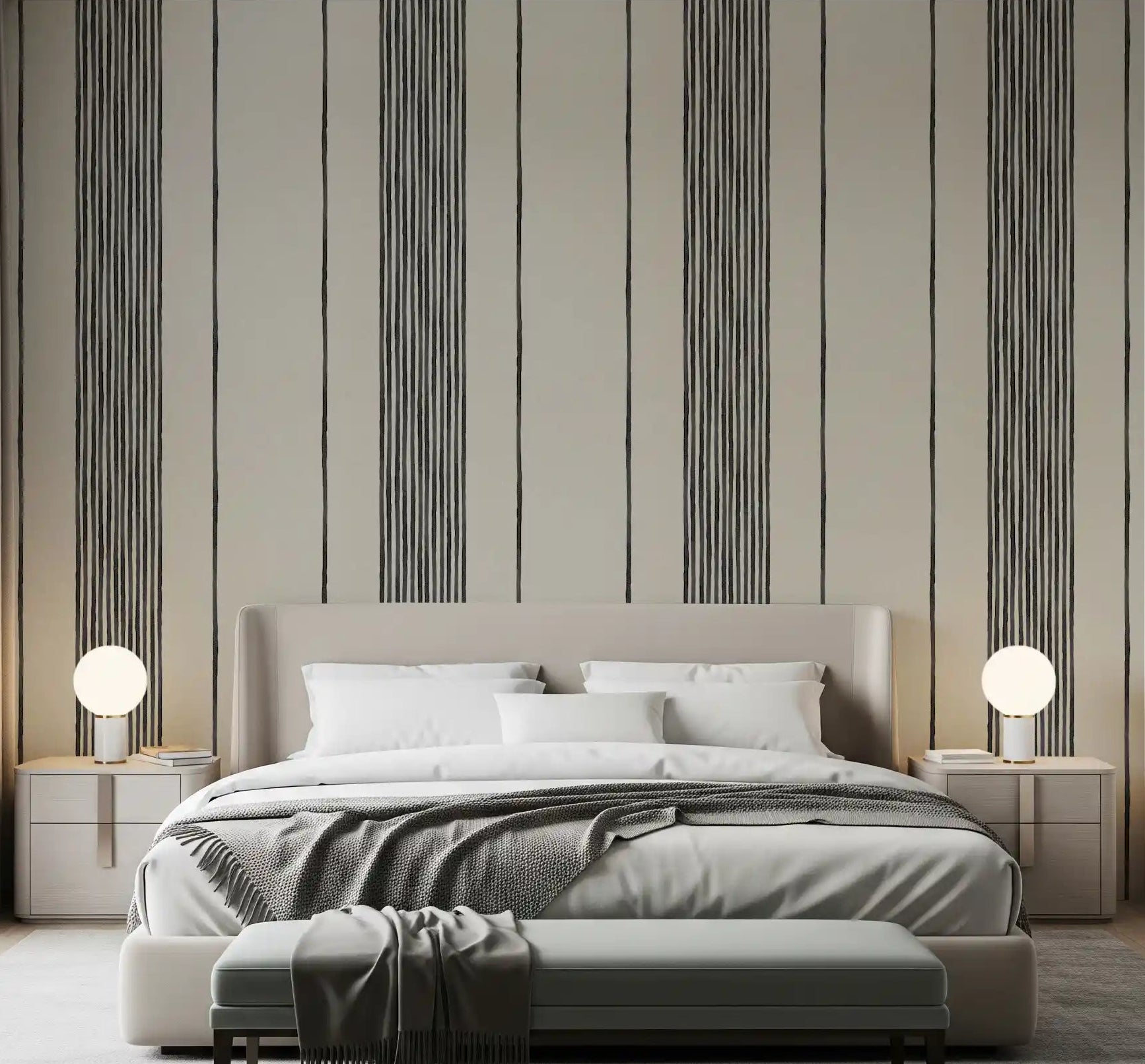 Beige and charcoal striped wallpaper applied in a bedroom space., GD10403