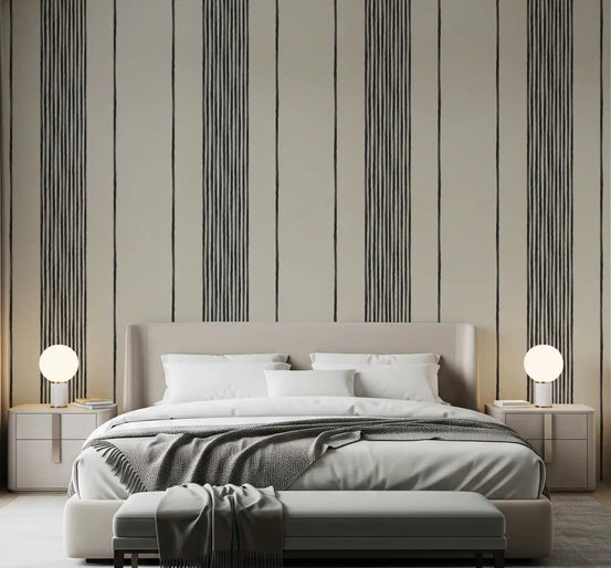 Beige and charcoal striped wallpaper applied in a bedroom space., GD10403