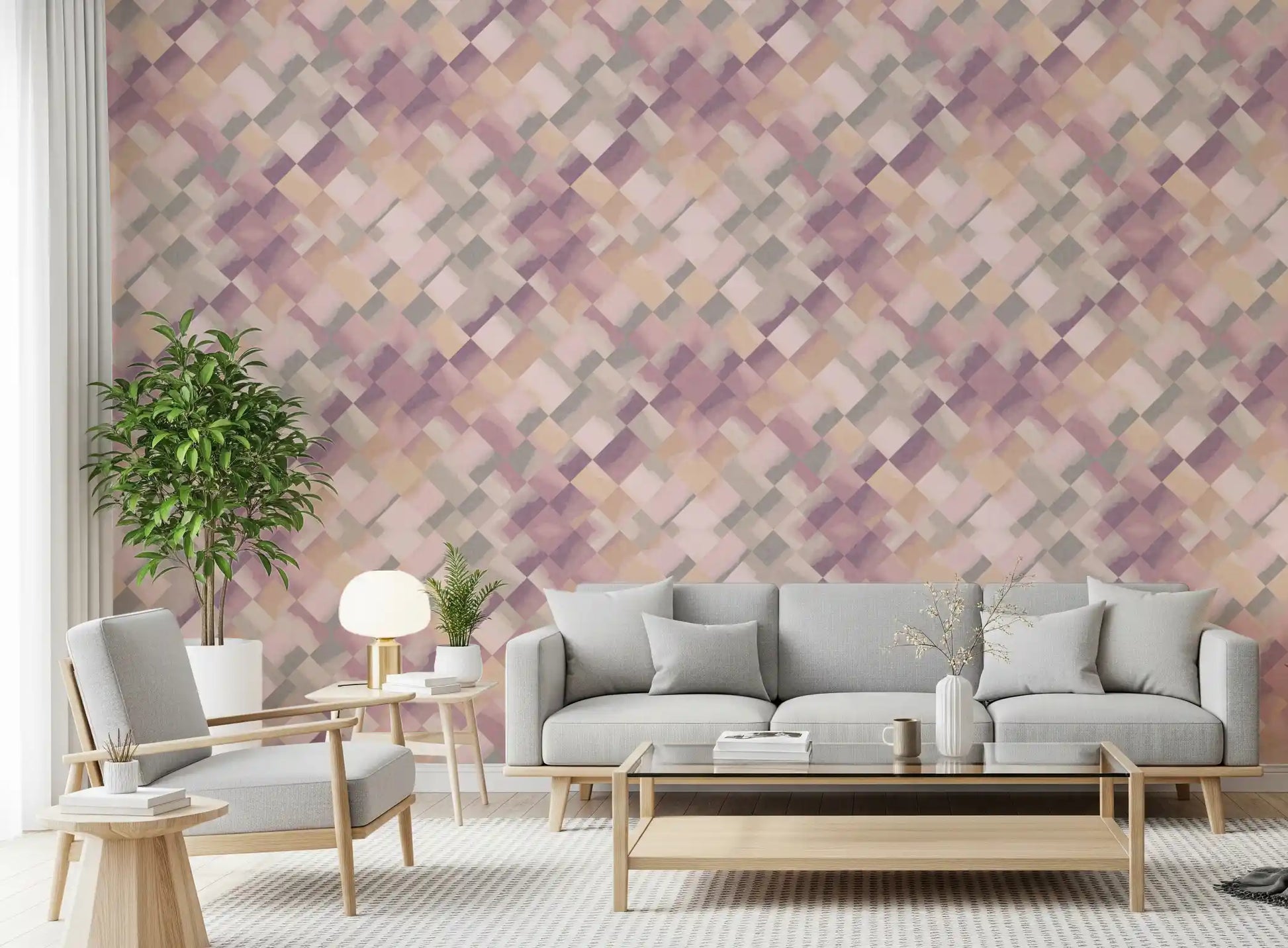 Painted checker wallpaper showing overlapping pink mauve and beige squares., GD10404