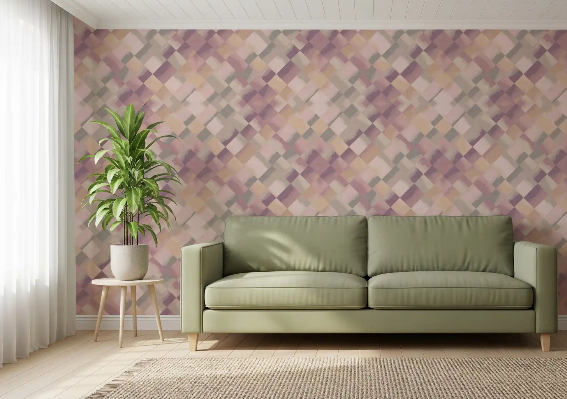 Pastel diagonal checker wallpaper with layered watercolour pink and peach hues in living room., GD10404
