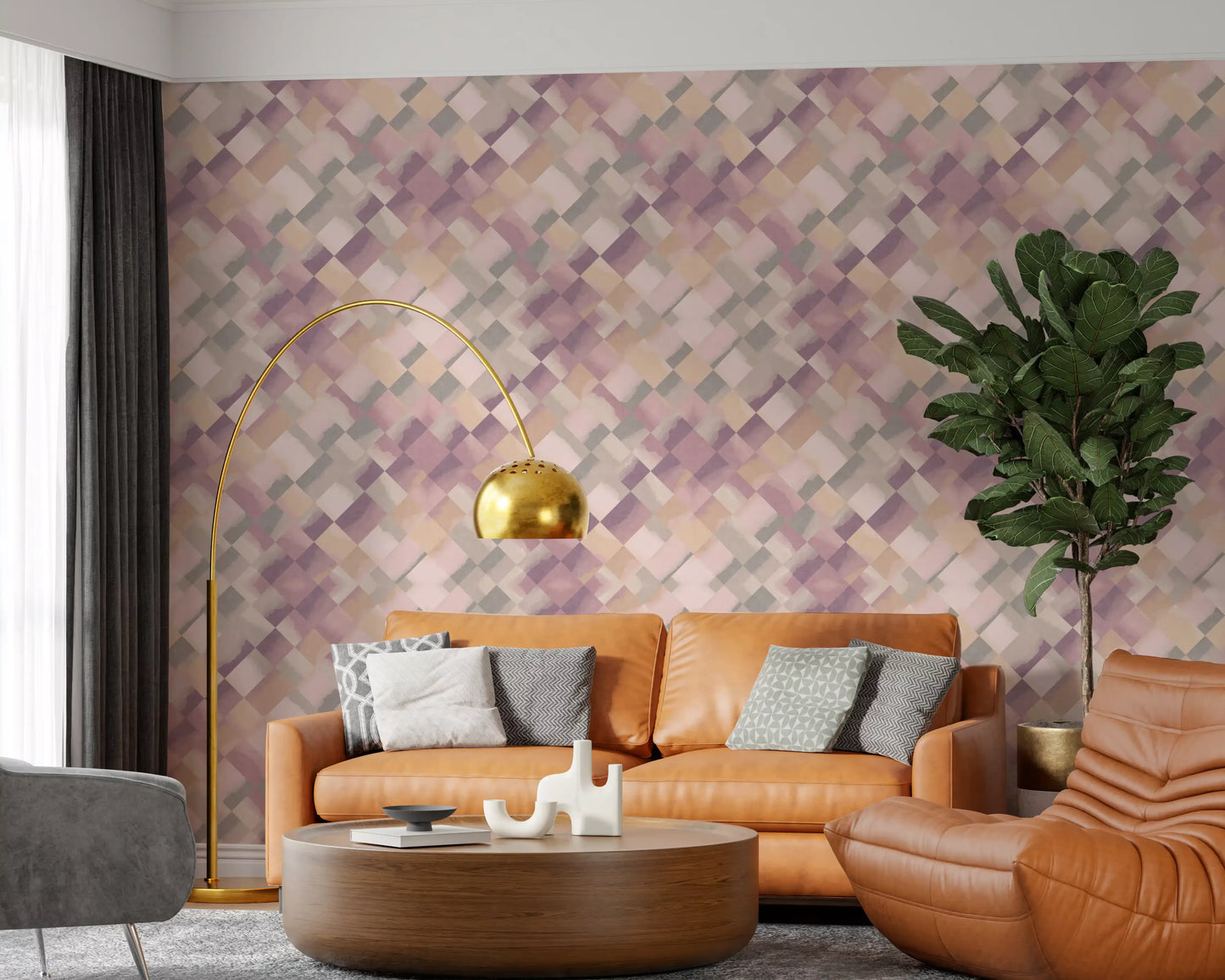 Abstract geometric checker wallpaper with blended lilac sand and rose tones., GD10404