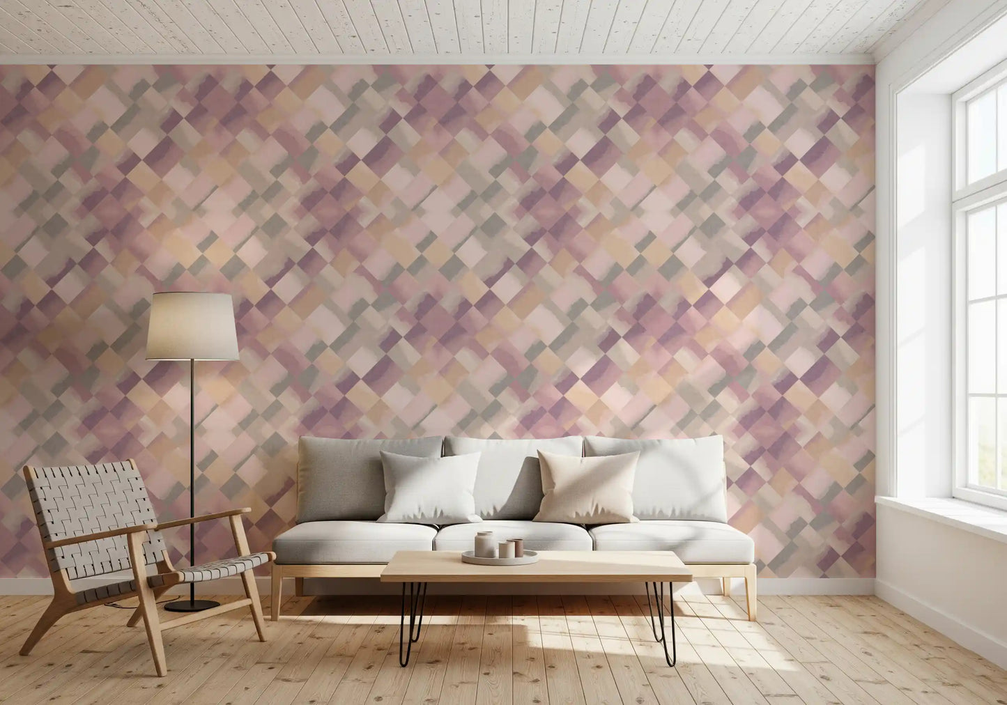 Painted checker wallpaper with soft pastel tones displayed in a living room., GD10404
