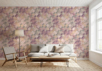 Painted checker wallpaper with soft pastel tones displayed in a living room., GD10404
