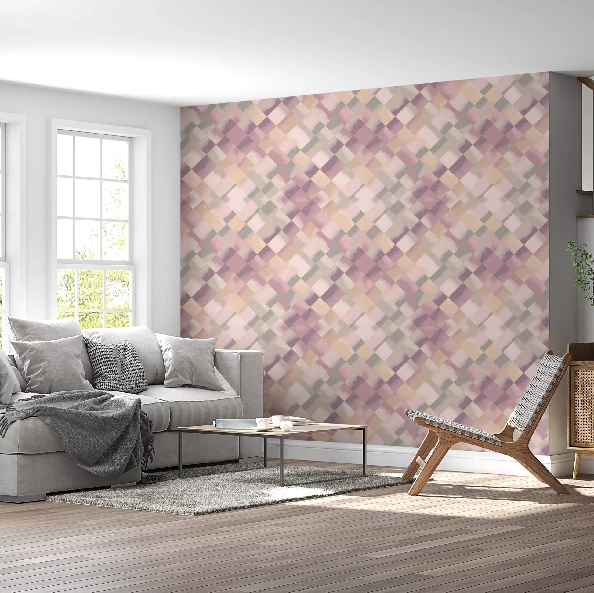 Watercolour patchwork wallpaper featuring pink purple peach and grey diamonds., GD10404