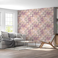 Watercolour patchwork wallpaper featuring pink purple peach and grey diamonds., GD10404