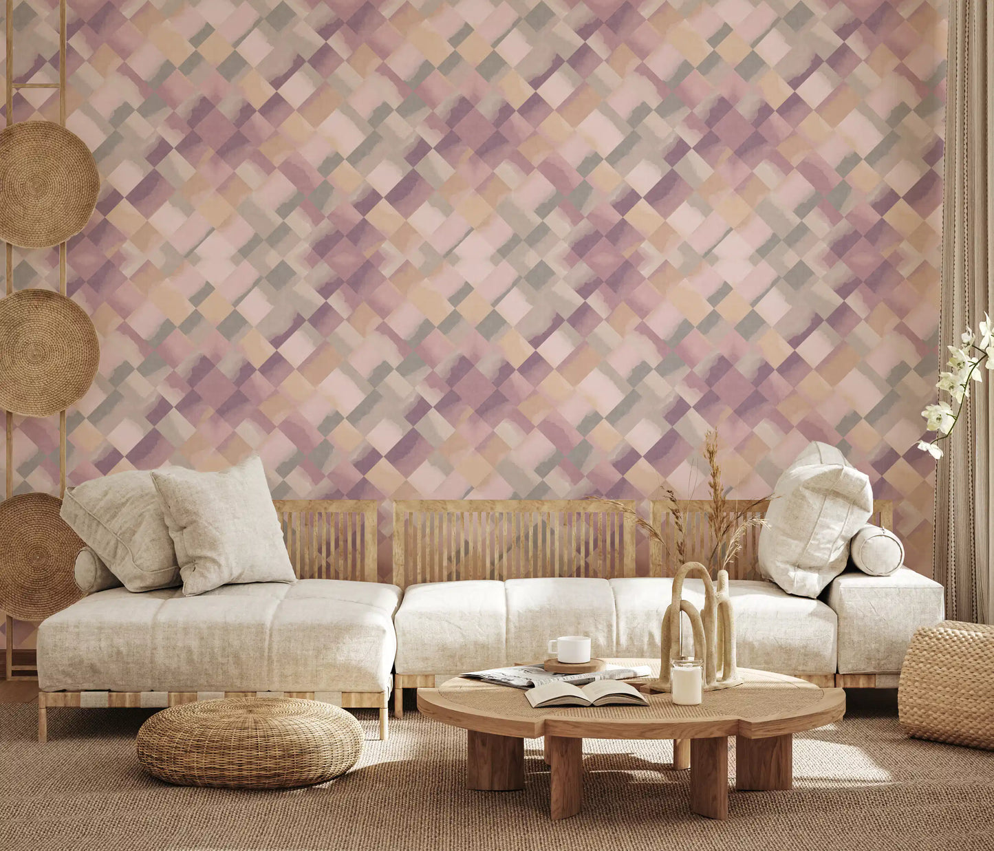 Watercolour diamond grid wallpaper in muted pastel pink and grey shades., GD10404