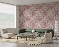 Soft geometric diamond pattern wallpaper with peach grey and purple washes., GD10404