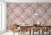 Diagonal watercolour checker wallpaper in dining room with pink and mauve tones., GD10404