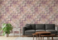 Diagonal geometric diamond wallpaper in watercolour washes shown in a living room., GD10404