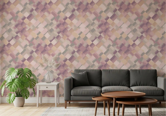Diagonal geometric diamond wallpaper in watercolour washes shown in a living room., GD10404