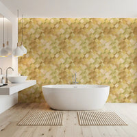 Abstract diamond patchwork wallpaper with soft olive tan and yellow gradients in bathroom., GD10405
