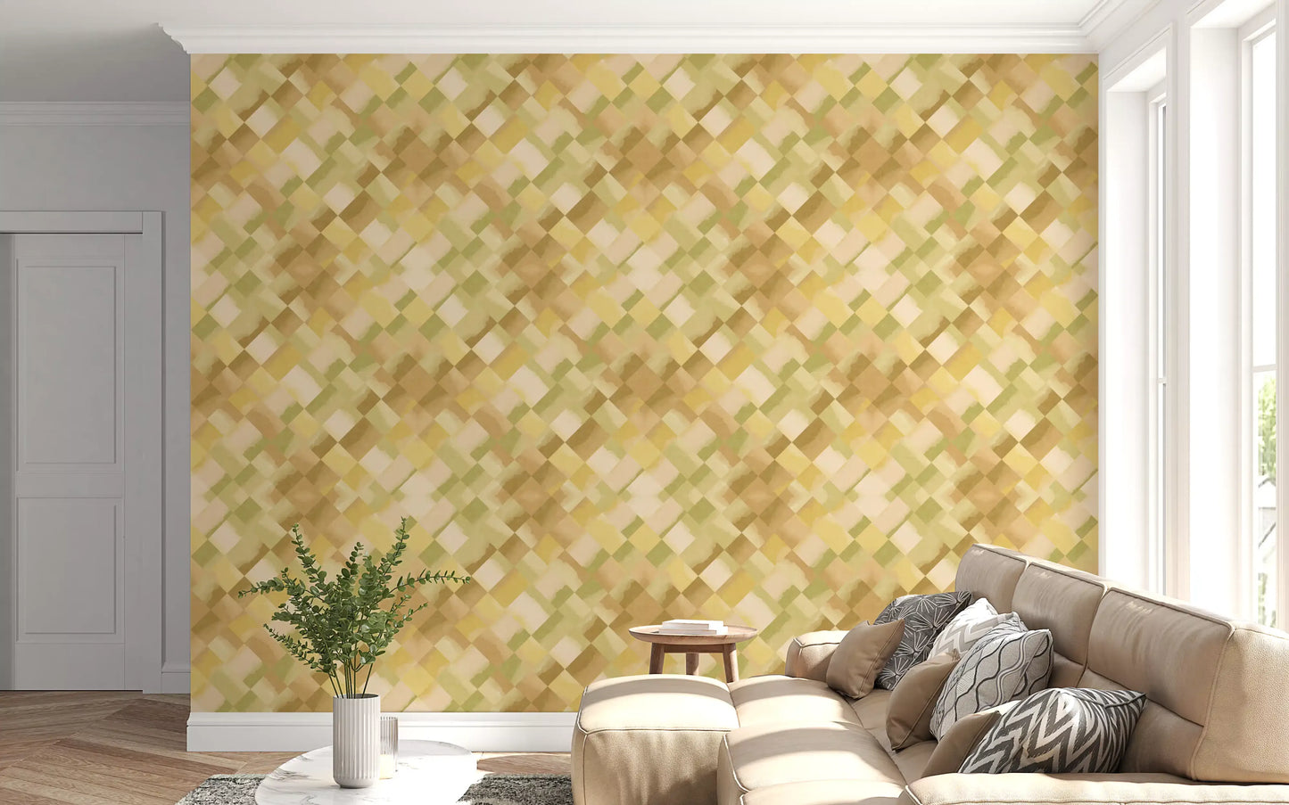 Painted diamond grid wallpaper with blended tan cream and khaki colour washes., GD10405