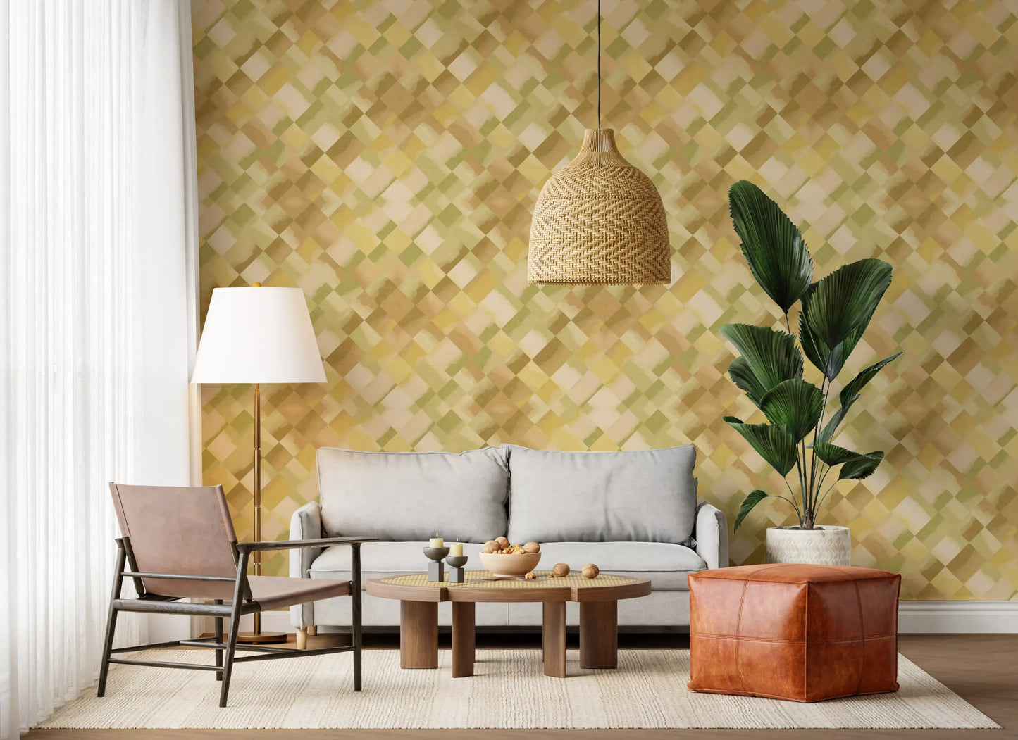 Earthy toned checker wallpaper with layered watercolour green and cream tones., GD10405