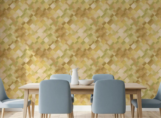 Diagonal geometric diamond wallpaper in watercolour green for a dining room space.