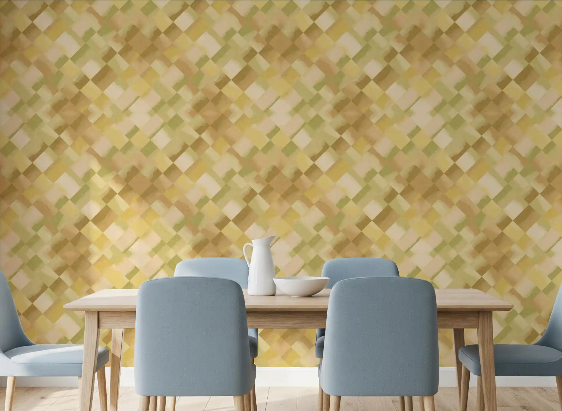 Diagonal geometric diamond wallpaper in watercolour green for a dining room space., GD10405