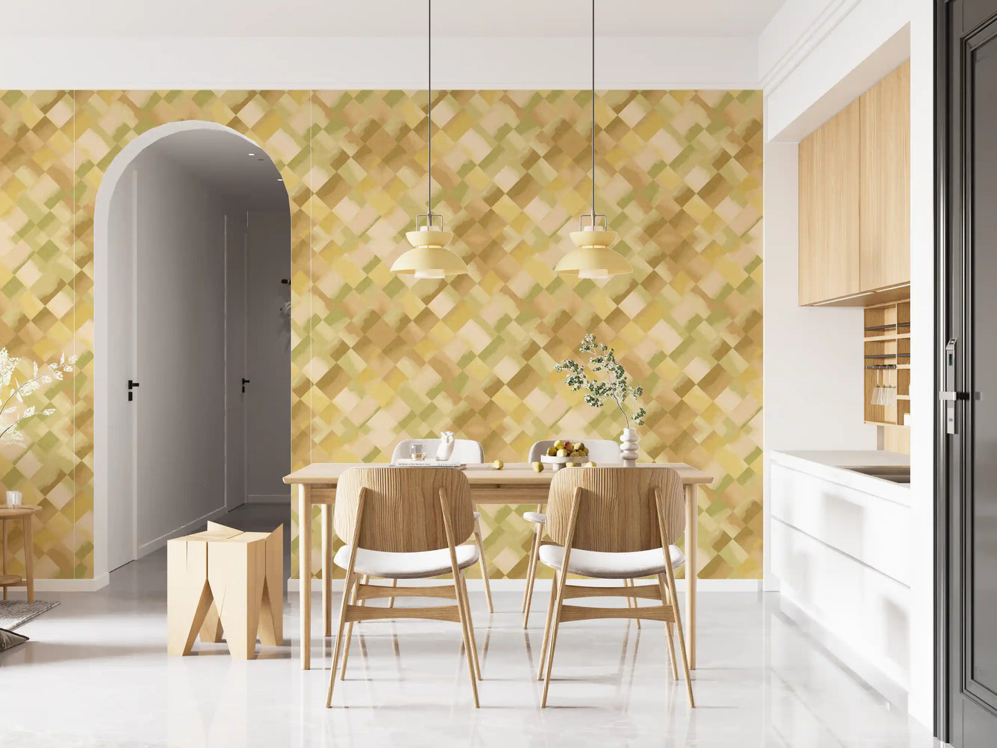 Geometric checker wallpaper showing overlapping olive mustard and brown squares in dining area., GD10405