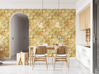 Geometric checker wallpaper showing overlapping olive mustard and brown squares in dining area., GD10405